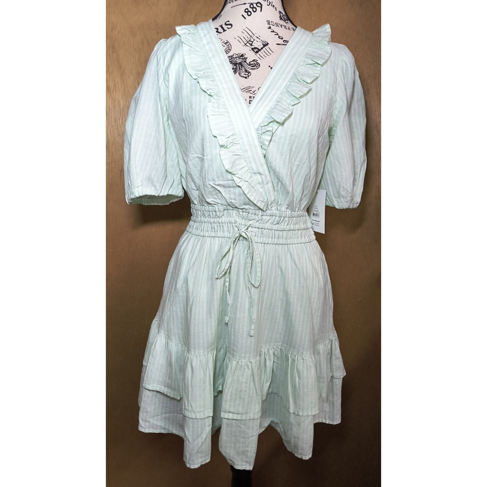 Free Assembly Women's XS Tiered Ruffle Mini Dress Pistachio Mint V Neck Pockets